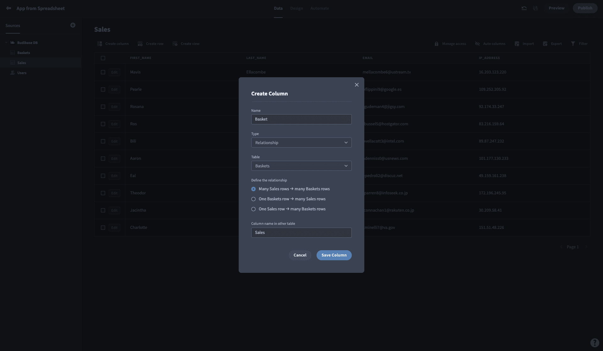 Create column Create relationships