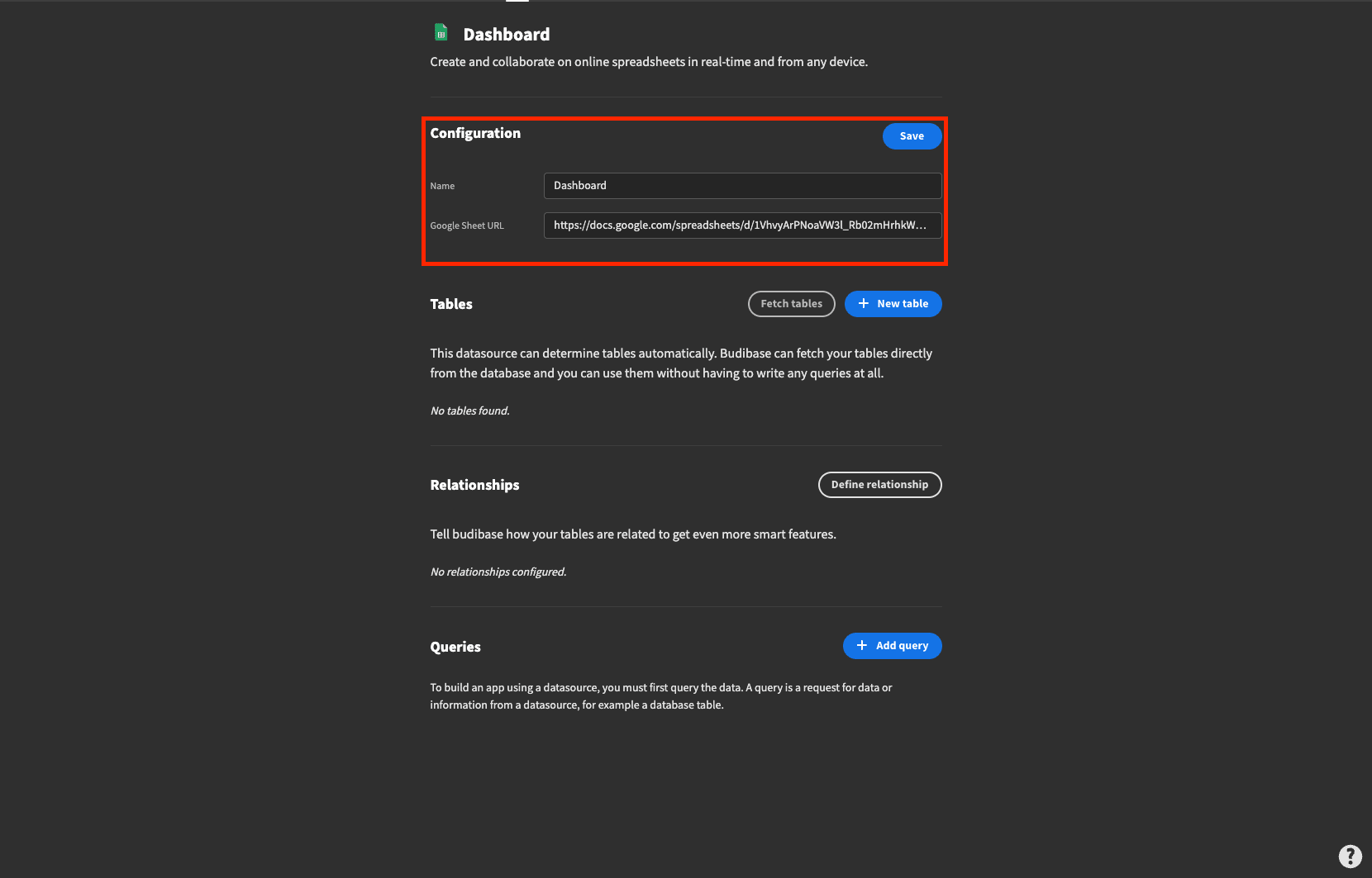 Google Sheets Dashboard configuration Google Sheets Dashboard configuration