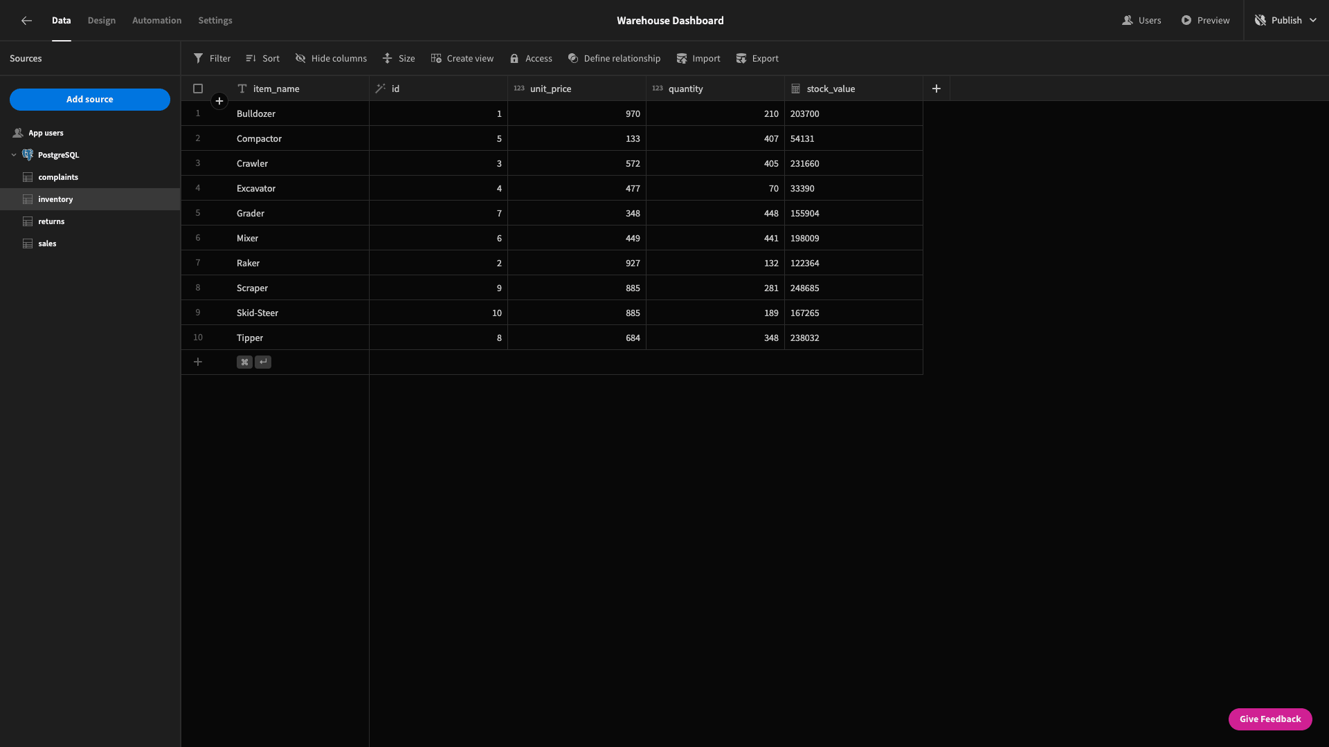Warehouse Dashboard Warehouse Dashboard